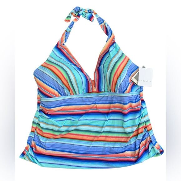 NWT LA BLANCA Plus Women's Sunset Striped Halter Tankini Top Size 22W - Picture 5 of 9